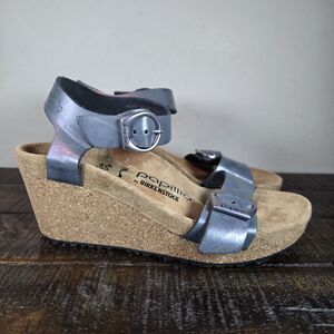 NEW Papillio Soley Wedge Womens 5 EU 36 Narrow Leather Sandals Tan Silver